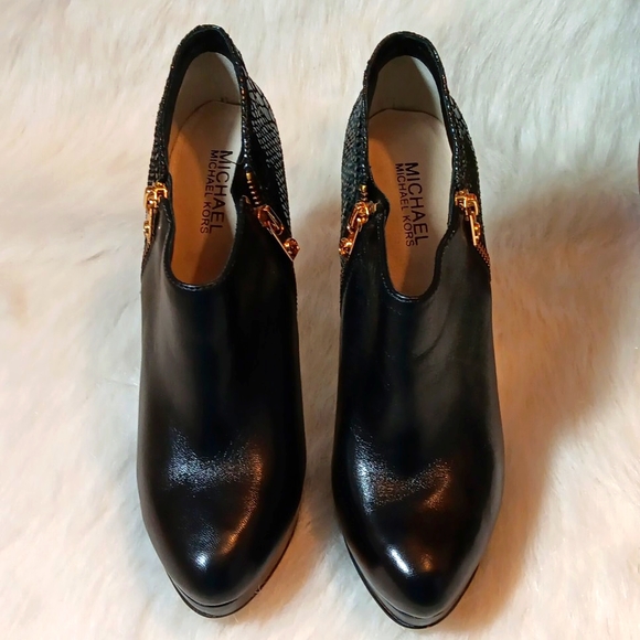 Michael Kors Black Leather and Snakeskin Print Ankle Booties - Picture 2 of 13